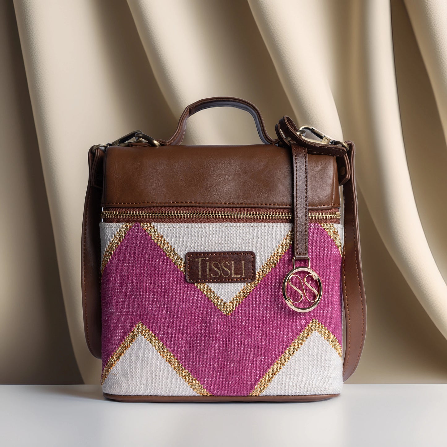 Fuchsia Fusion Chevron Cross Body Bag with Tan Leather Detailing | Handcrafted Statement Sling Bag