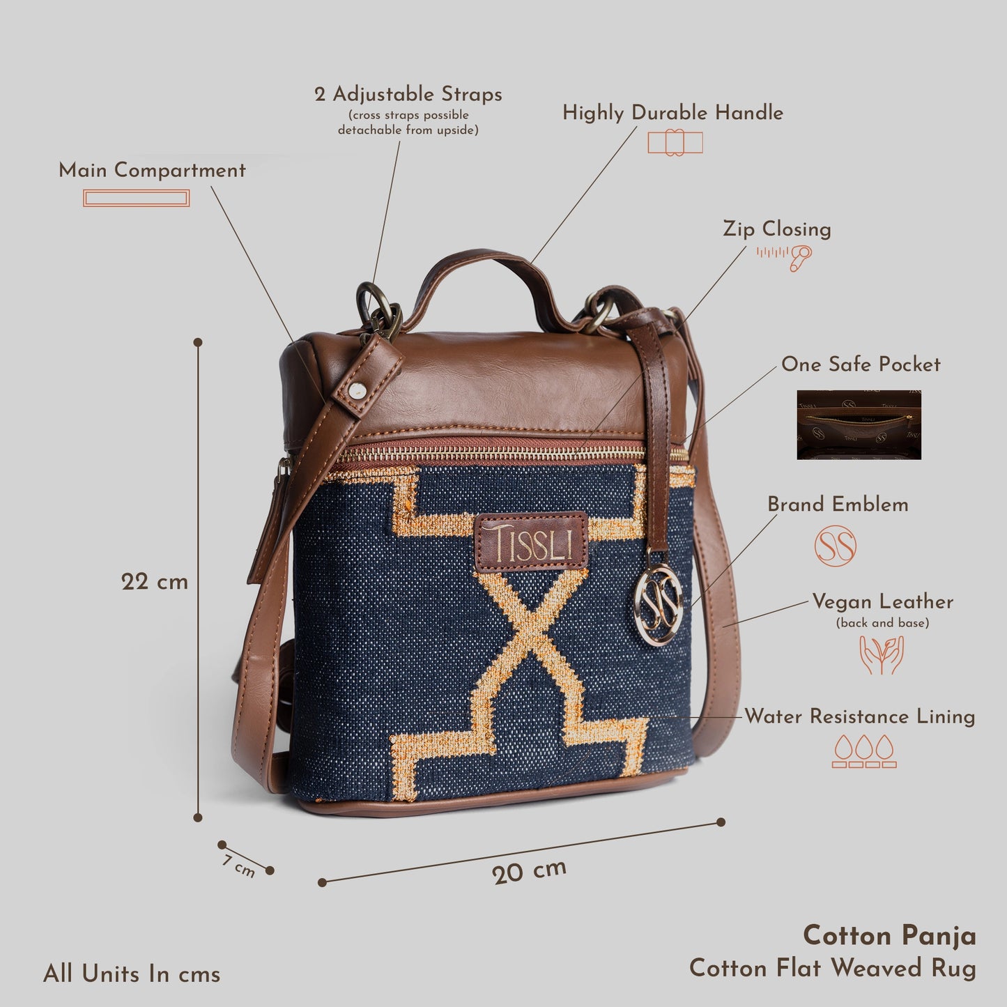 Celestial Lattice Denim Blue Backpack with Tan Leather Finish | Handcrafted Everyday Backpack