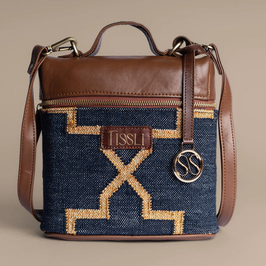 Celestial Lattice Denim Blue Backpack with Tan Leather Finish | Handcrafted Everyday Backpack