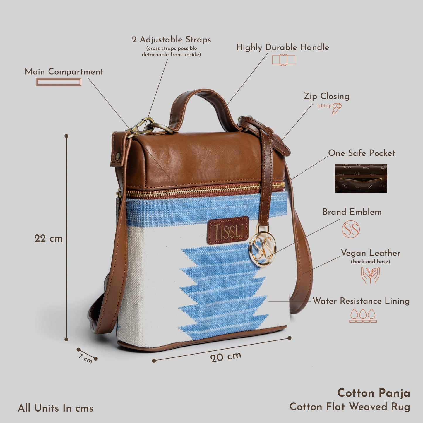 Mountain Mist Blue Geometric Cross Body Bag with Tan Leather Finish | Handwoven Everyday Sling Bag