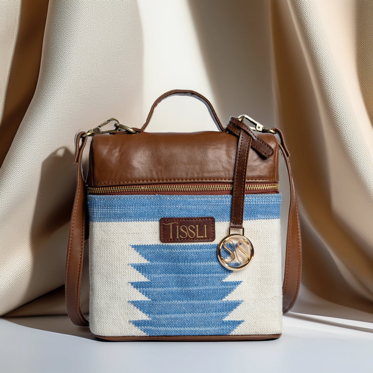 Mountain Mist Blue Geometric Cross Body Bag with Tan Leather Finish | Handwoven Everyday Sling Bag