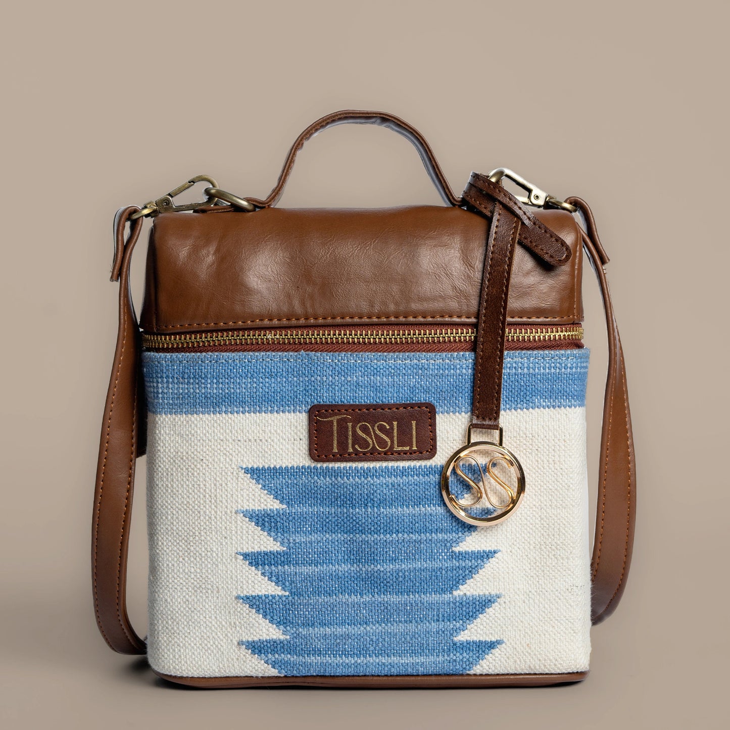 Mountain Mist Blue Geometric Cross Body Bag with Tan Leather Finish | Handwoven Everyday Sling Bag