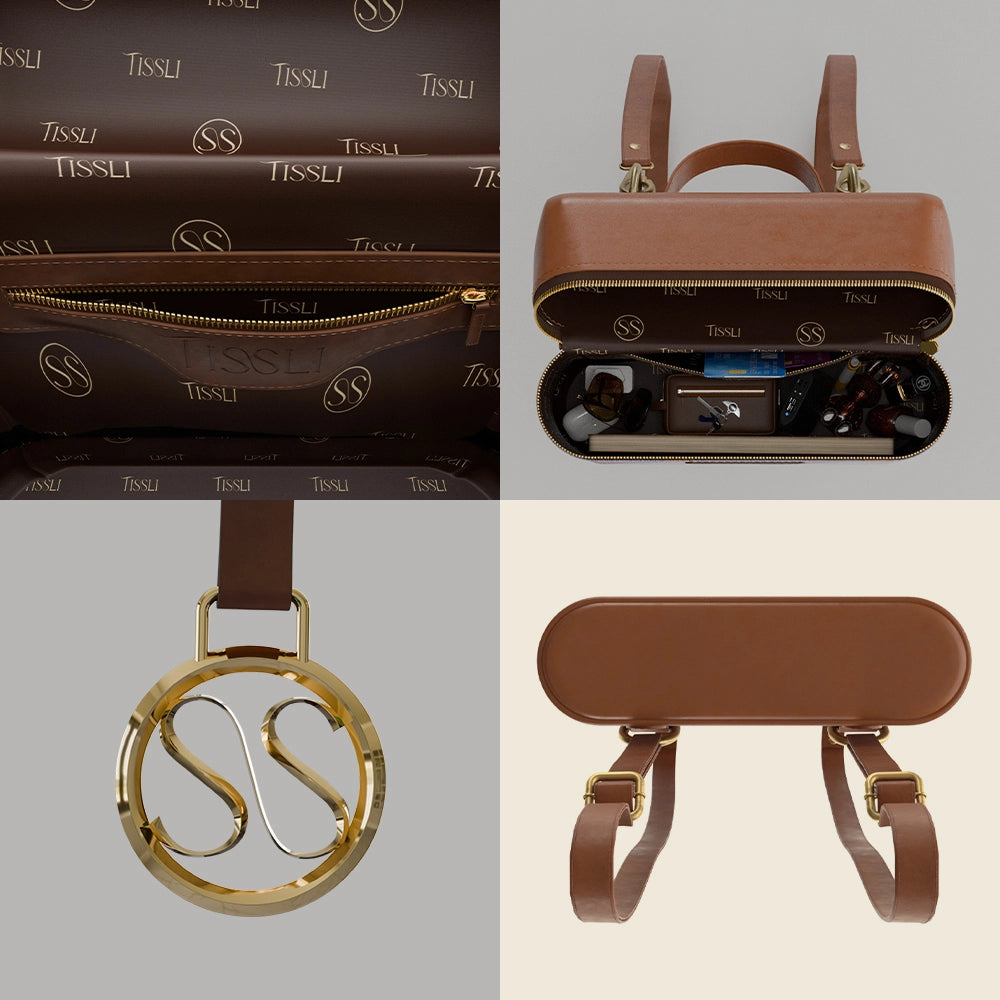 Celestial Lattice Denim Blue Backpack with Tan Leather Finish | Handcrafted Everyday Backpack