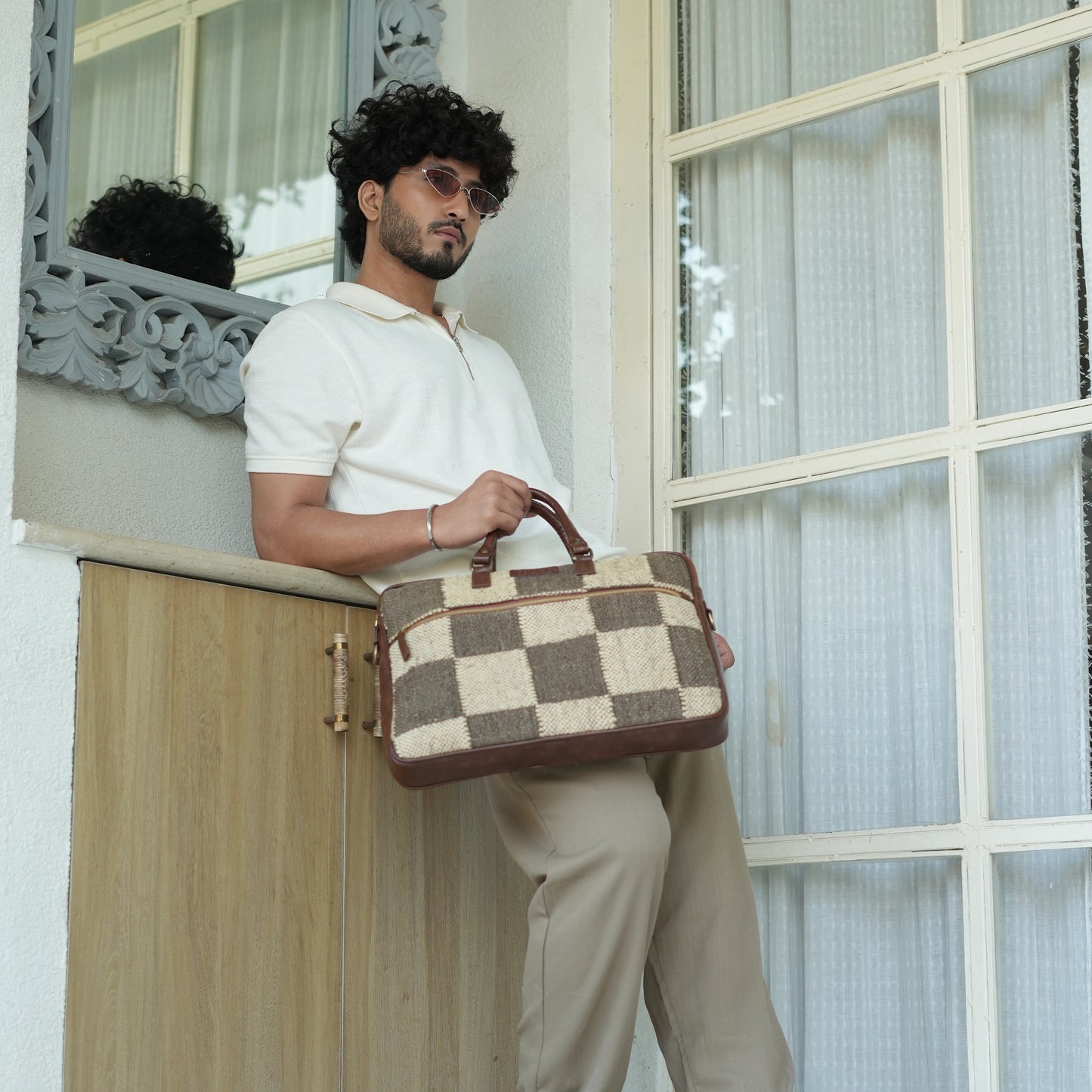 Checkers Grid - Messenger Brown Bag with Leather Handle