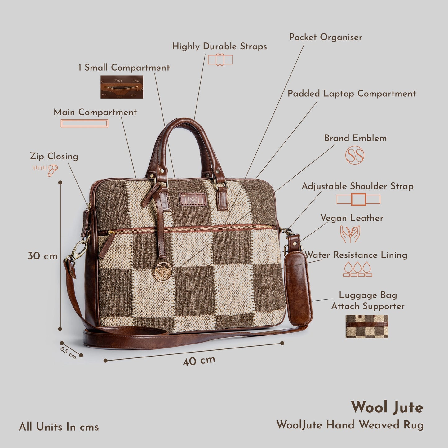 Checkers Grid - Messenger Brown Bag with Leather Handle