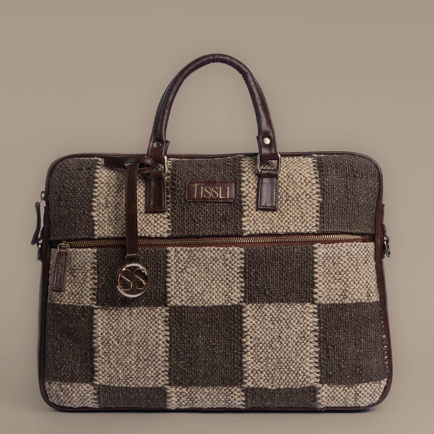 Checkers Grid - Messenger Brown Bag with Leather Handle