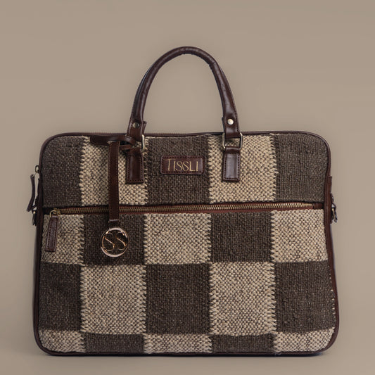 Checkers Grid - Messenger Brown Bag with Leather Handle