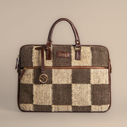 Checkered Grid Brown Laptop Bag with Leather Handles | Handwoven Office & Travel Bag