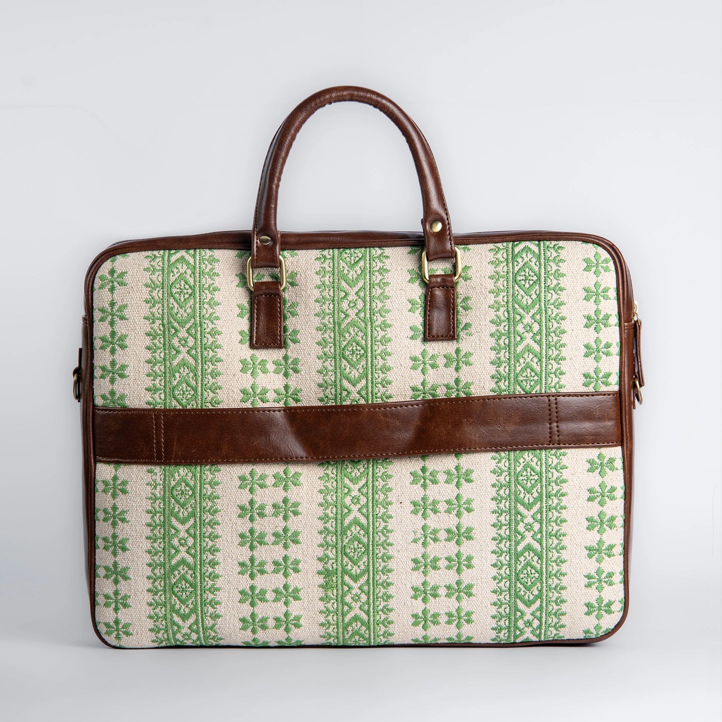 Paisley Motif Green Pattern Laptop Bag with Brown Leather Handles | Handwoven Work & Office Bag