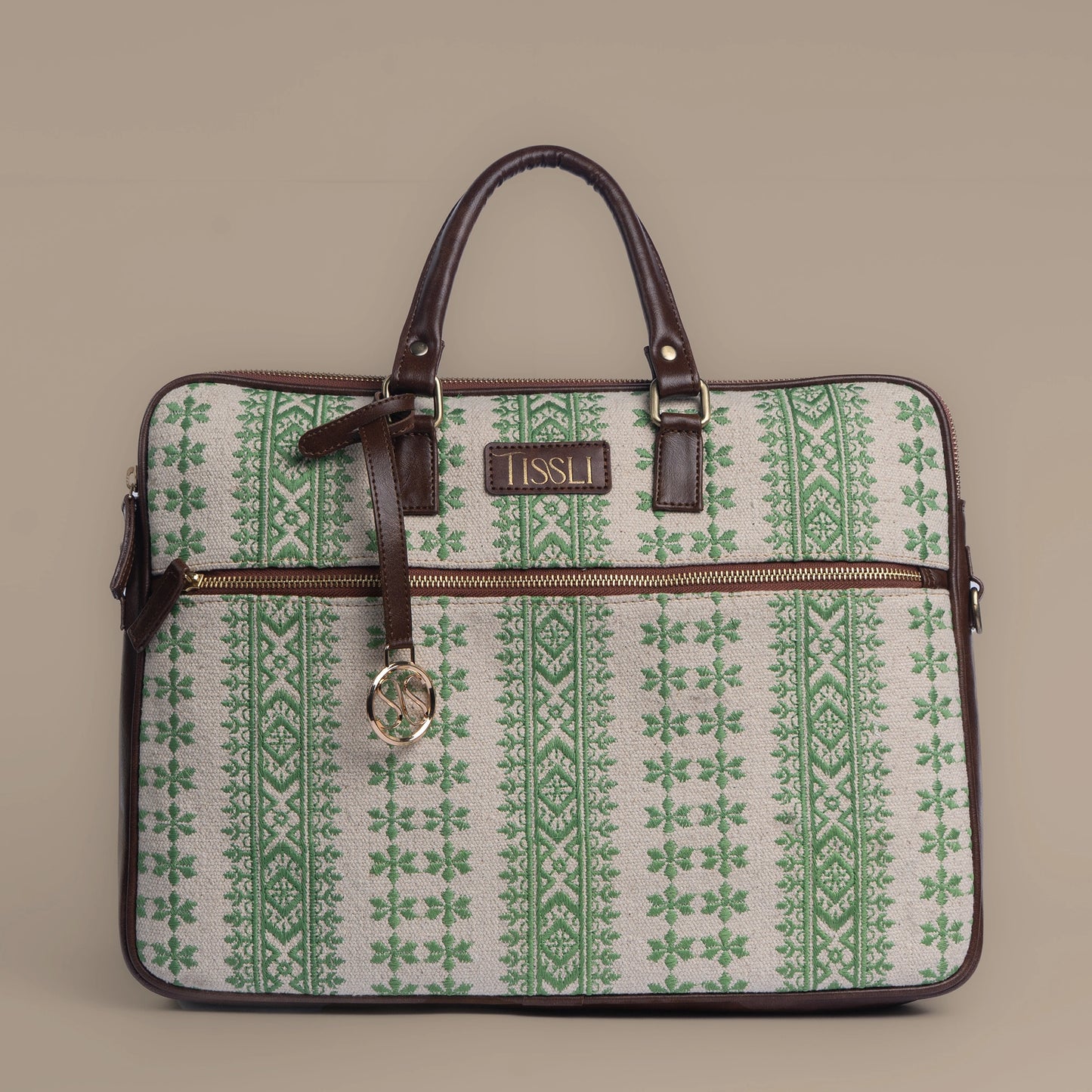 Paisley Motif Green Pattern Laptop Bag with Brown Leather Handles | Handwoven Work & Office Bag