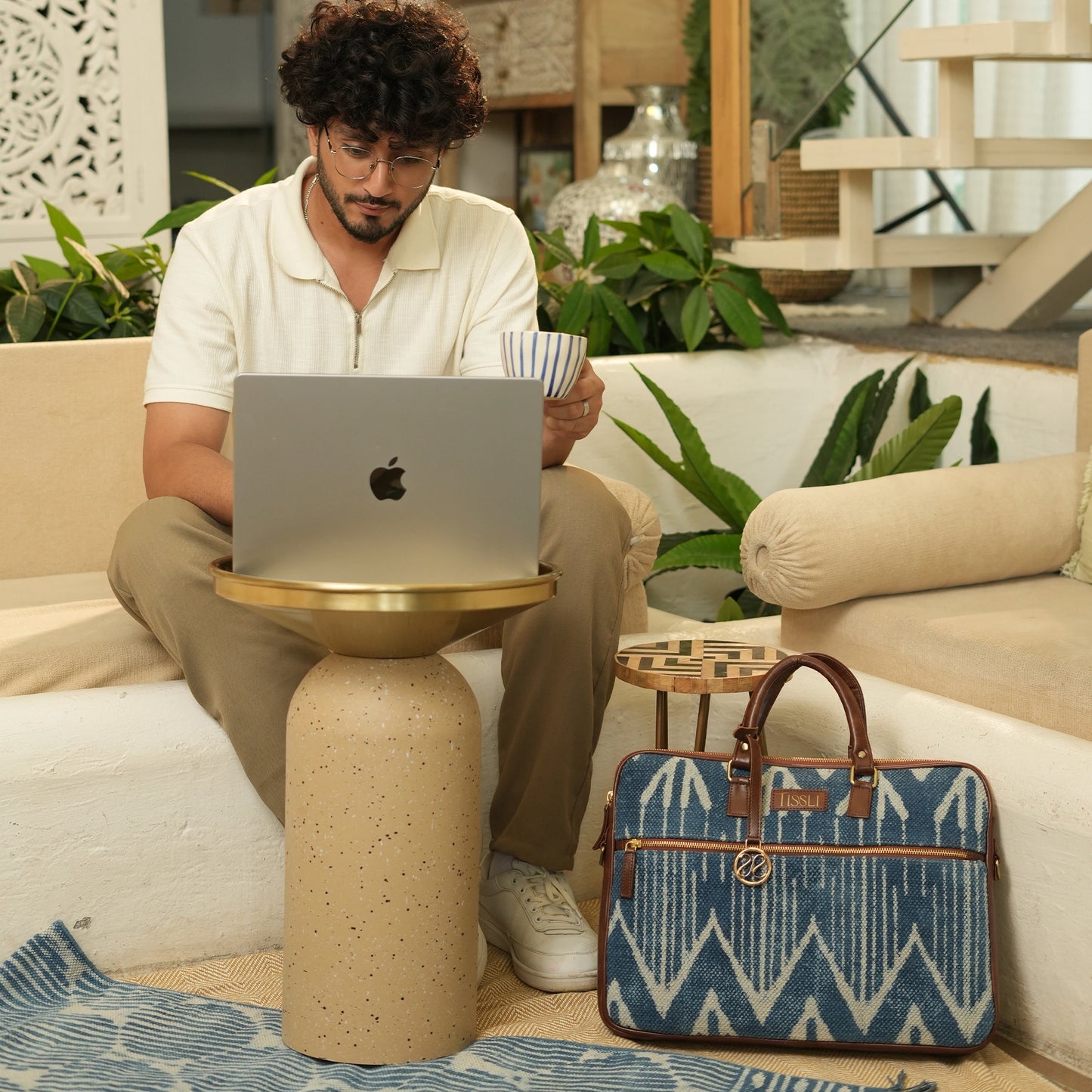 Indigo Chevron - Leather Base Laptop Bag