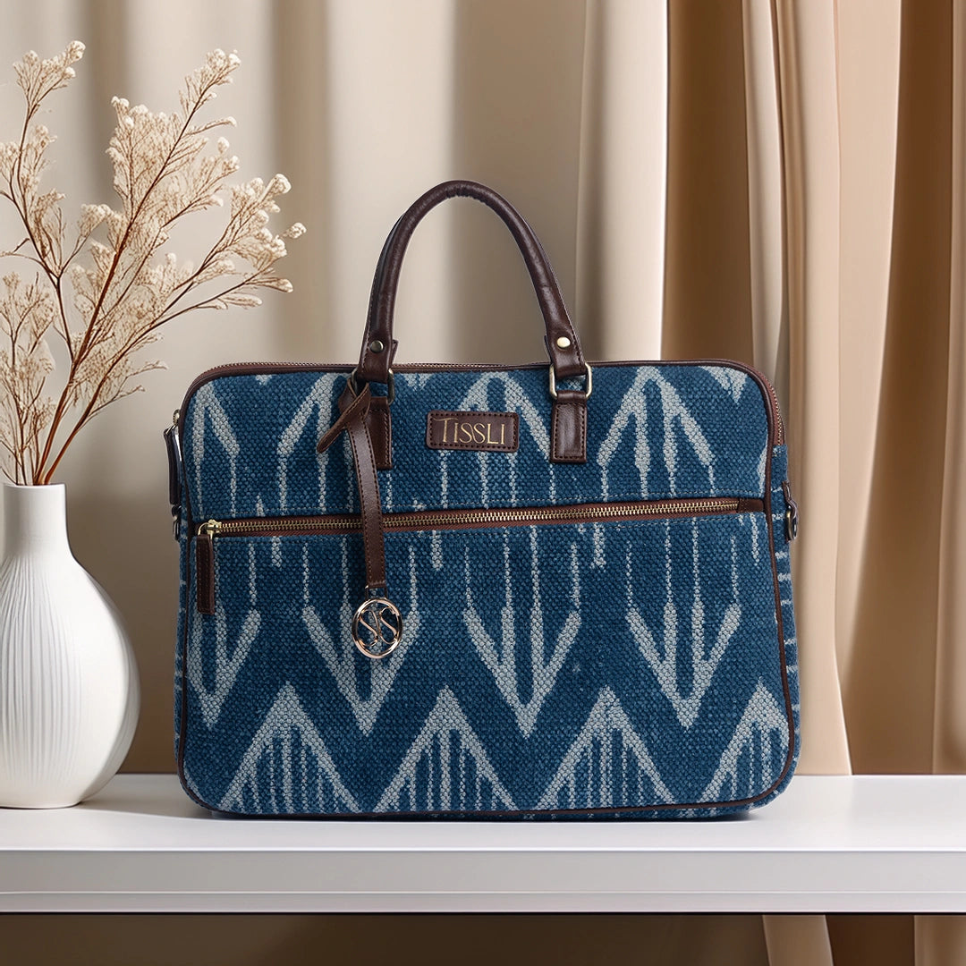 Indigo Chevron - Leather Base Laptop Bag