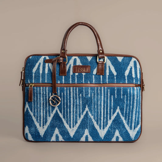 Indigo Chevron - Leather Base Laptop Bag