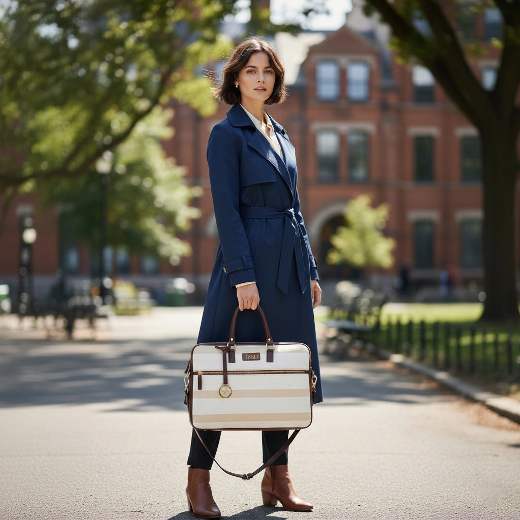 Desert Drift Beige Stripe Laptop Bag with Brown Leather Handles | Handwoven Office & Travel Bag