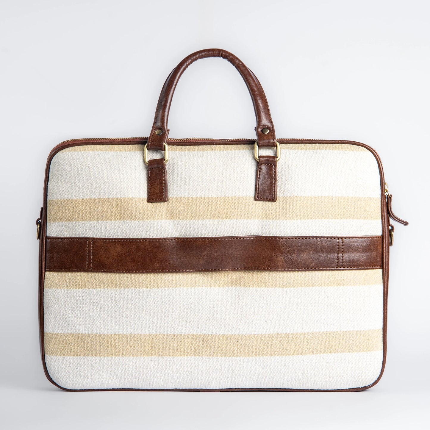Desert Drift Beige Stripe Laptop Bag with Brown Leather Handles | Handwoven Office & Travel Bag