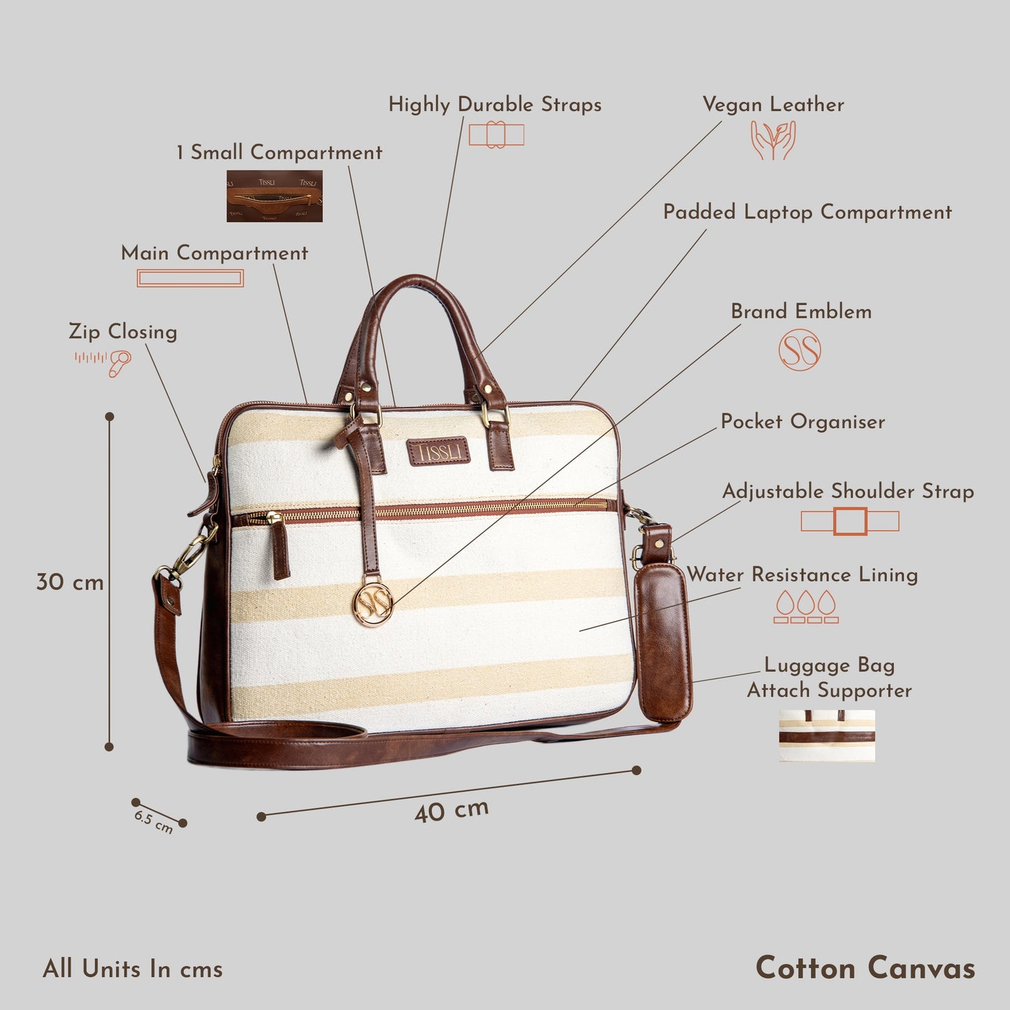 Desert Drift Beige Stripe Laptop Bag with Brown Leather Handles | Handwoven Office & Travel Bag