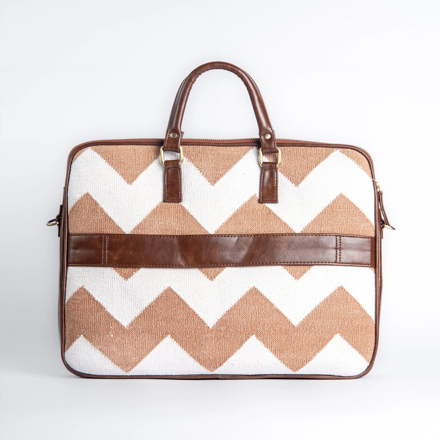 Desert Dunes Beige Chevron Laptop Bag with Brown Leather Handles | Handwoven Office & Travel Bag