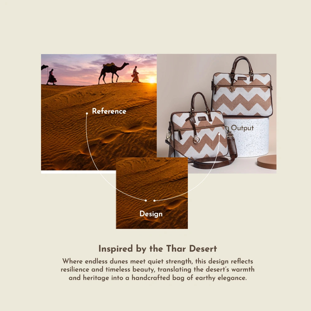 Desert Dunes Beige Chevron Laptop Bag with Brown Leather Handles | Handwoven Office & Travel Bag
