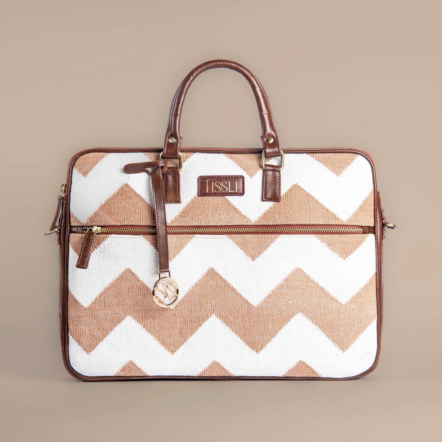 Desert Dunes Beige Chevron Laptop Bag with Brown Leather Handles | Handwoven Office & Travel Bag