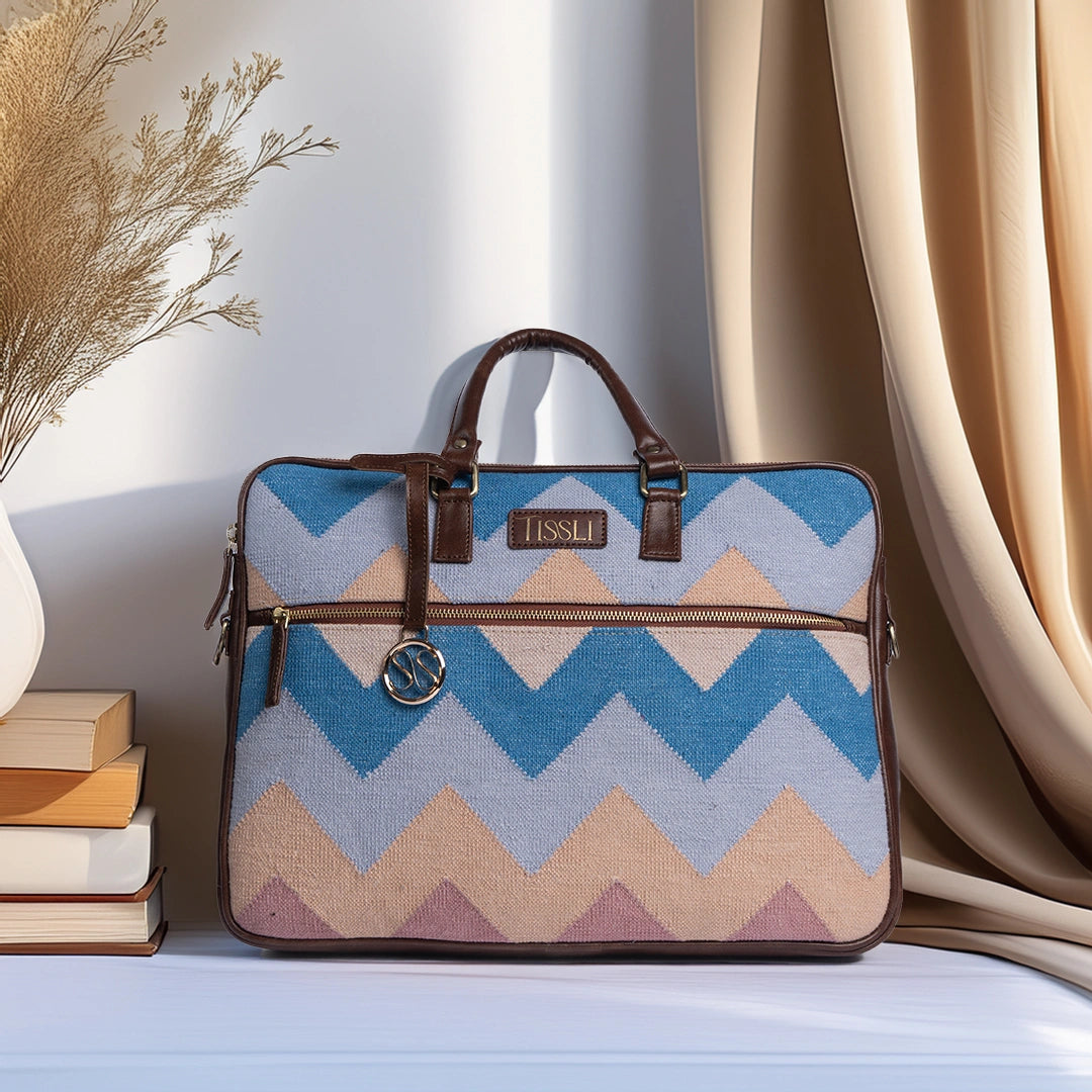Sky Meets Sea - Handwoven Pastel Zigzag Pattern Laptop Bag