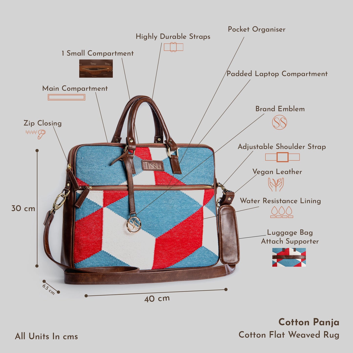Iconic Cube - Laptop Bag with Brown Leather Handle & Base