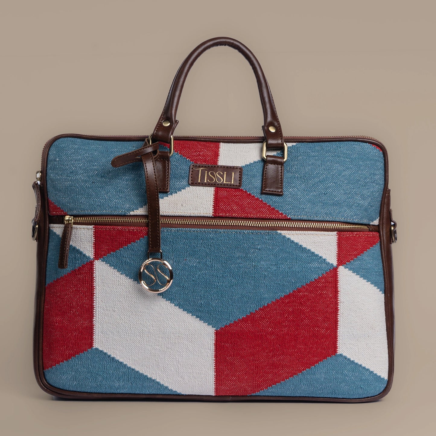 Iconic Cube - Laptop Bag with Brown Leather Handle & Base