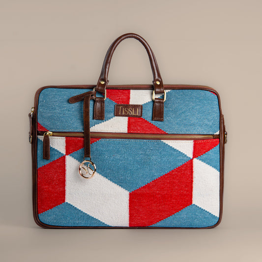 Handwoven Illusionist Laptop Bag with Brown Leather Handles | Bold Geometric Design for Work and Everyday Use