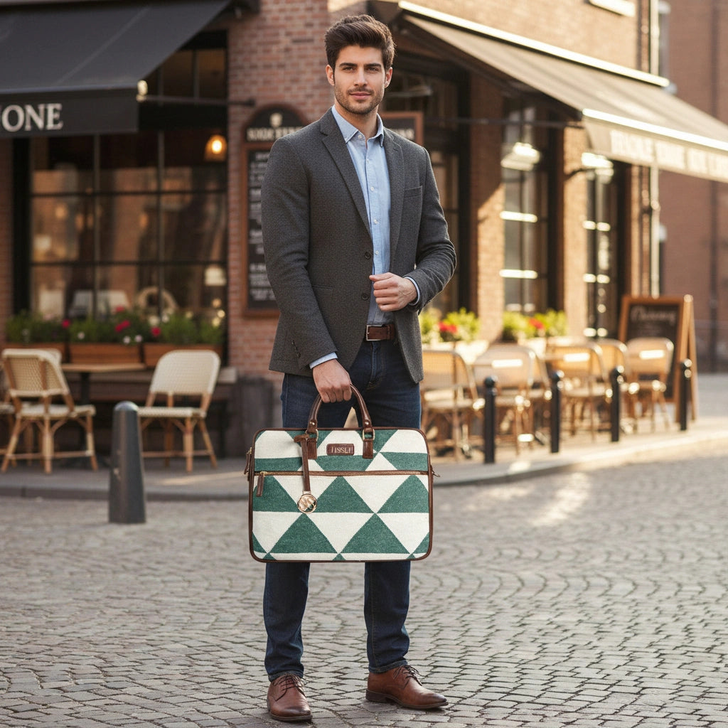 Geometric Grid - Handwoven Leather Base Laptop Bag