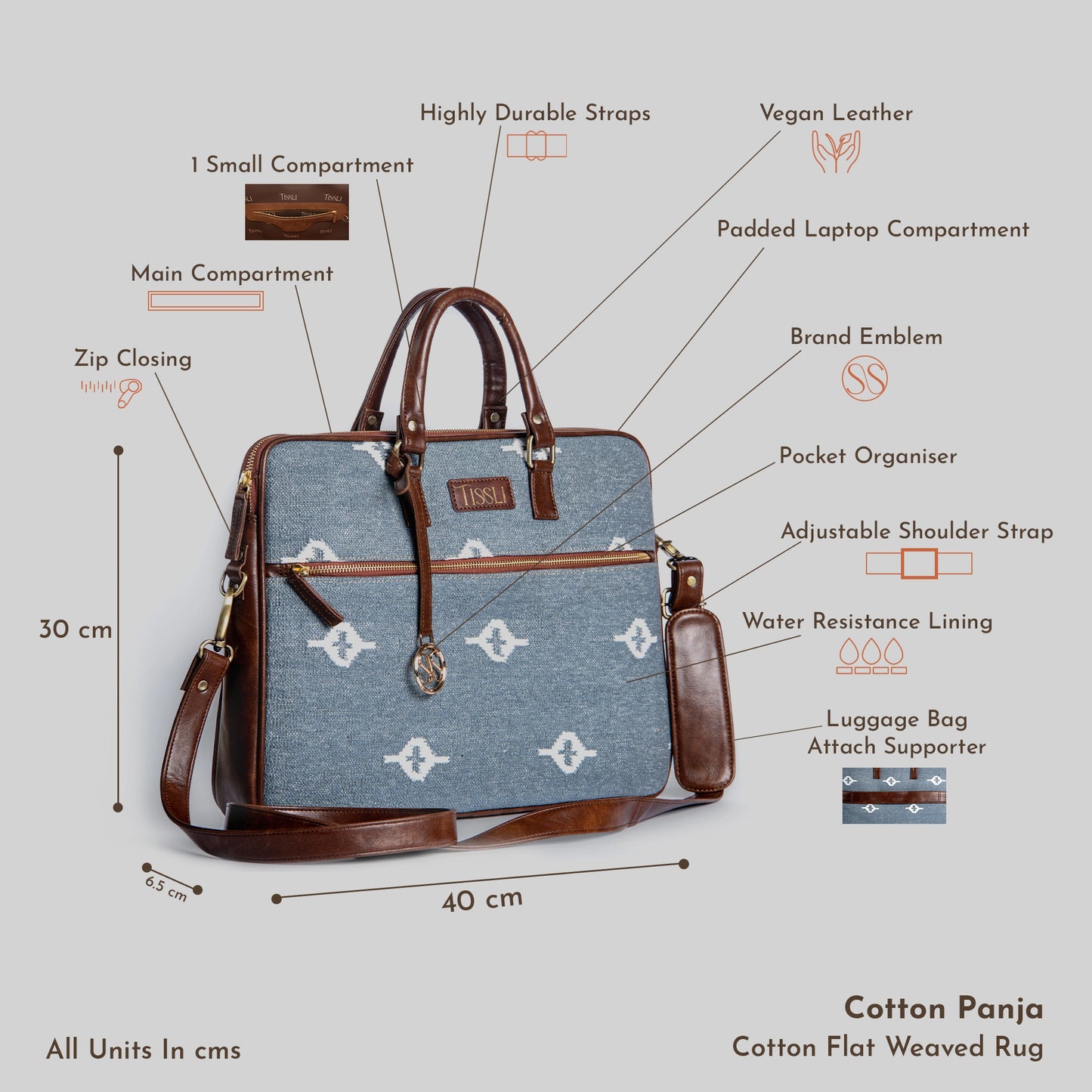 Stone Grey -  Handcrafted Laptop Bag with Leather Handle & Base