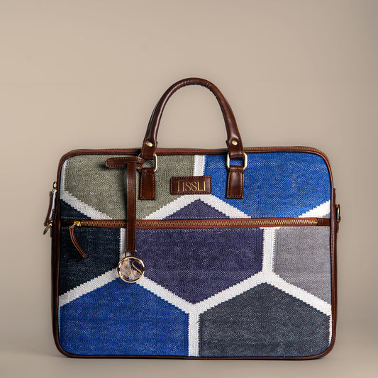 Honeycomb Hues Handcrafted Laptop Bag | Durable Fabric with Stylish Blue and Grey Pattern