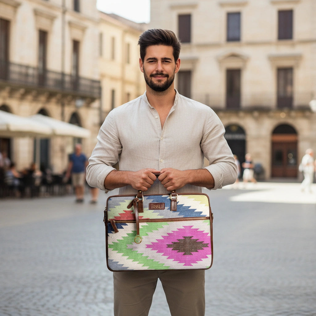 Ikat Illusion - Handwoven Multicolour Leather Base Laptop Bag