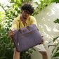Indigo Dreams Blue Laptop Bag with Brown Leather Handles | Handwoven Office & Work Bag