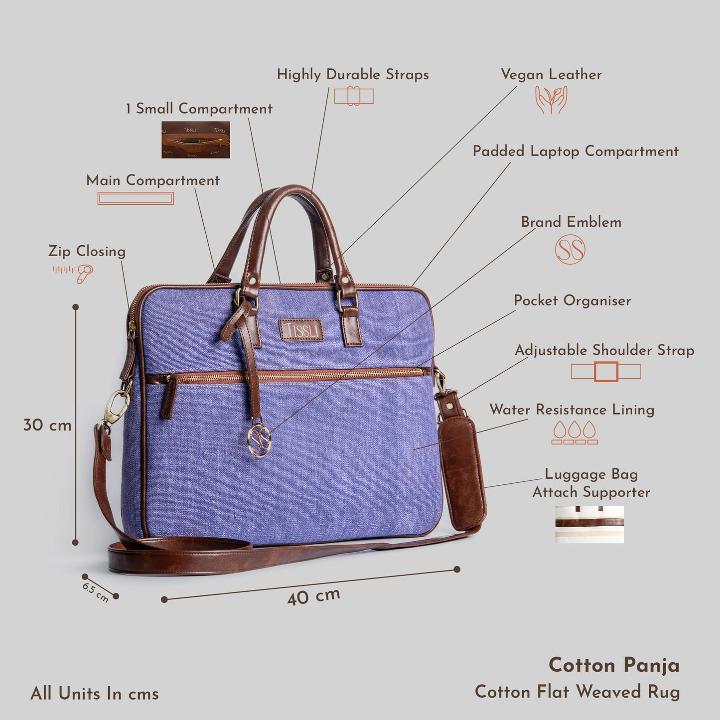 Indigo Dreams Blue Laptop Bag with Brown Leather Handles | Handwoven Office & Work Bag