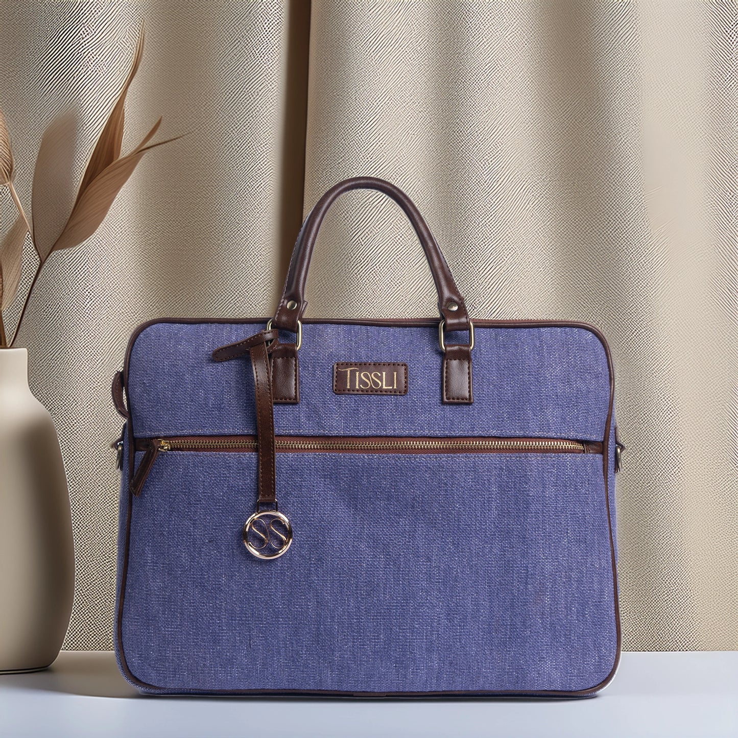 Indigo Dreams Blue Laptop Bag with Brown Leather Handles | Handwoven Office & Work Bag