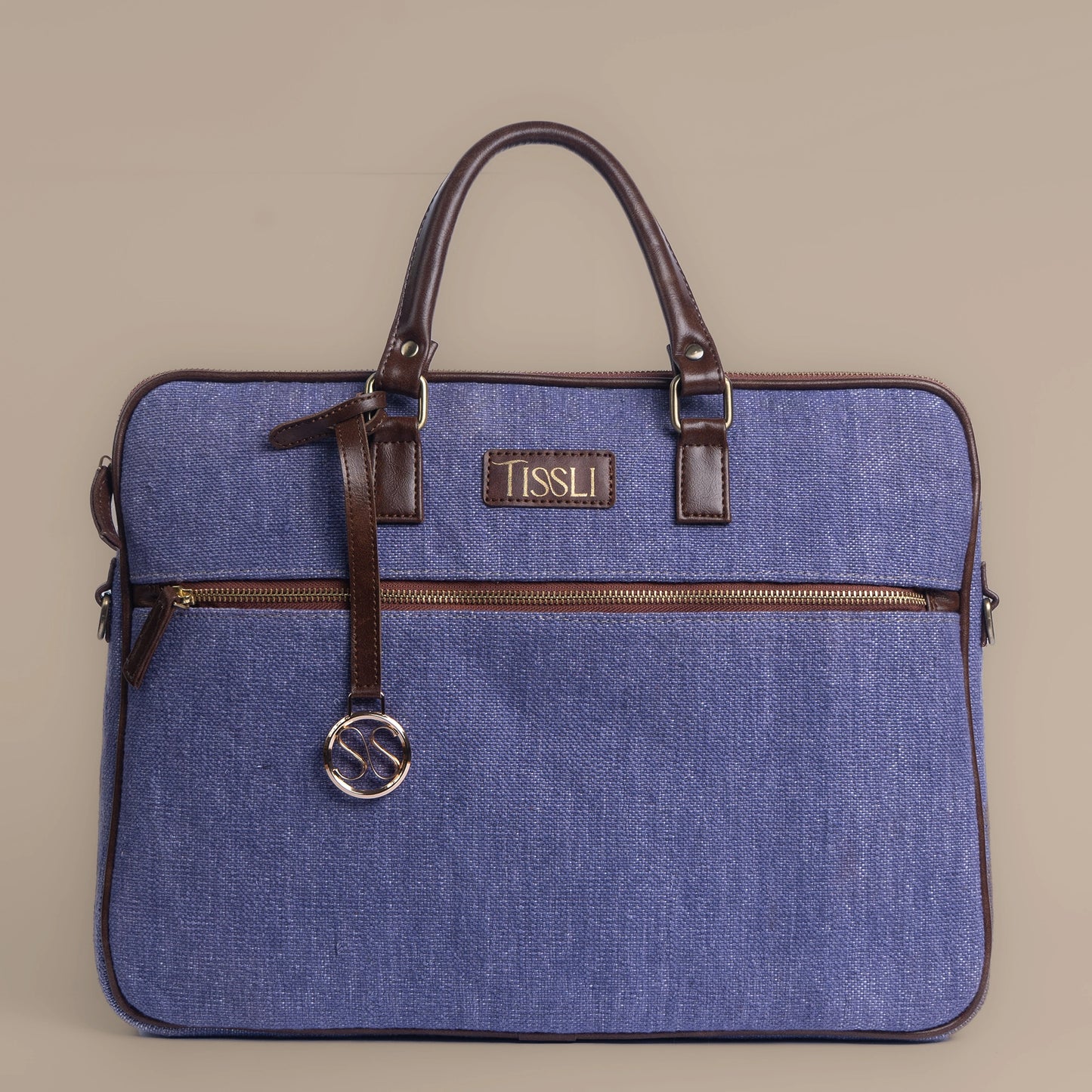 Indigo Dreams Blue Laptop Bag with Brown Leather Handles | Handwoven Office & Work Bag