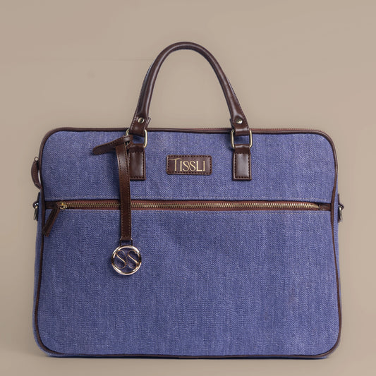Indigo Dreams Blue Laptop Bag with Brown Leather Handles | Handwoven Office & Work Bag