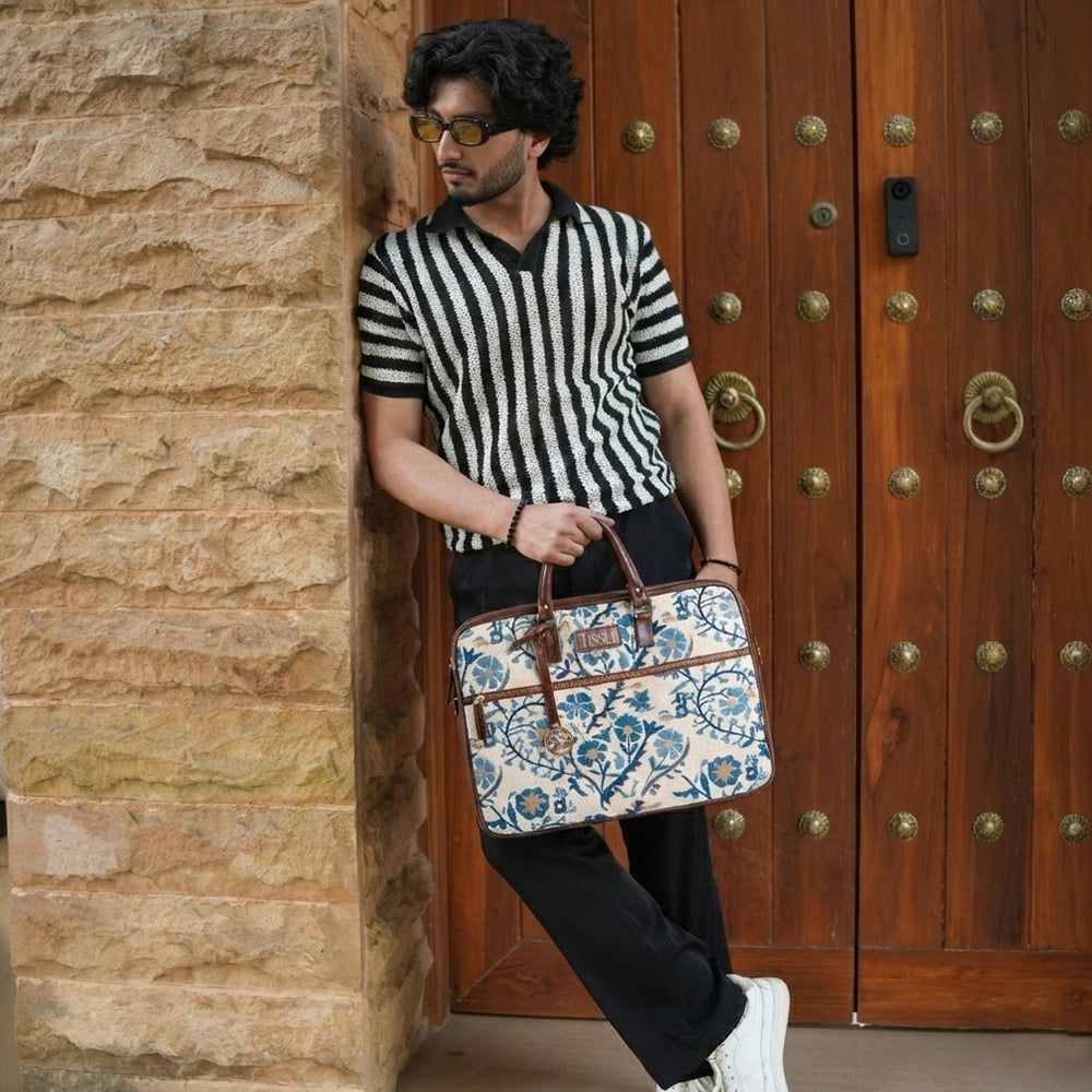 Handwoven Paisley Paradise Laptop Bag with Brown Leather Handles | Elegant Blue Floral Pattern for Everyday Work