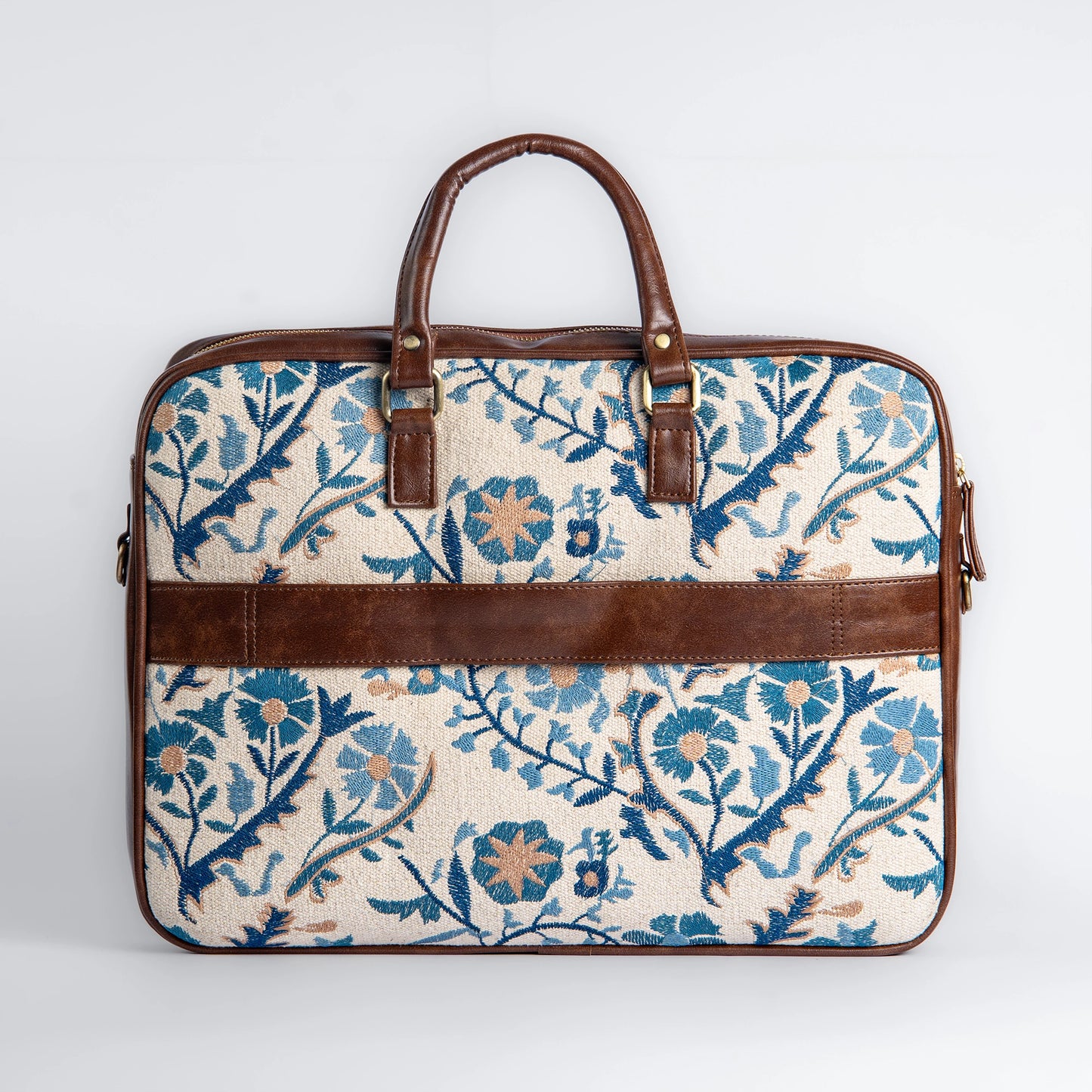 Handwoven Paisley Paradise Laptop Bag with Brown Leather Handles | Elegant Blue Floral Pattern for Everyday Work