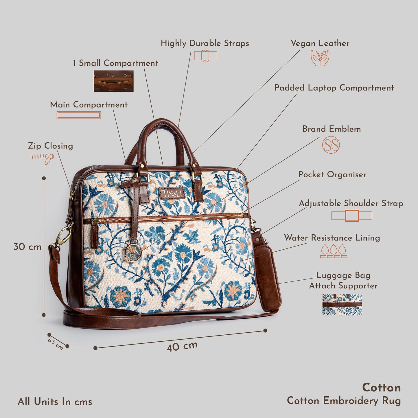 Handwoven Paisley Paradise Laptop Bag with Brown Leather Handles | Elegant Blue Floral Pattern for Everyday Work