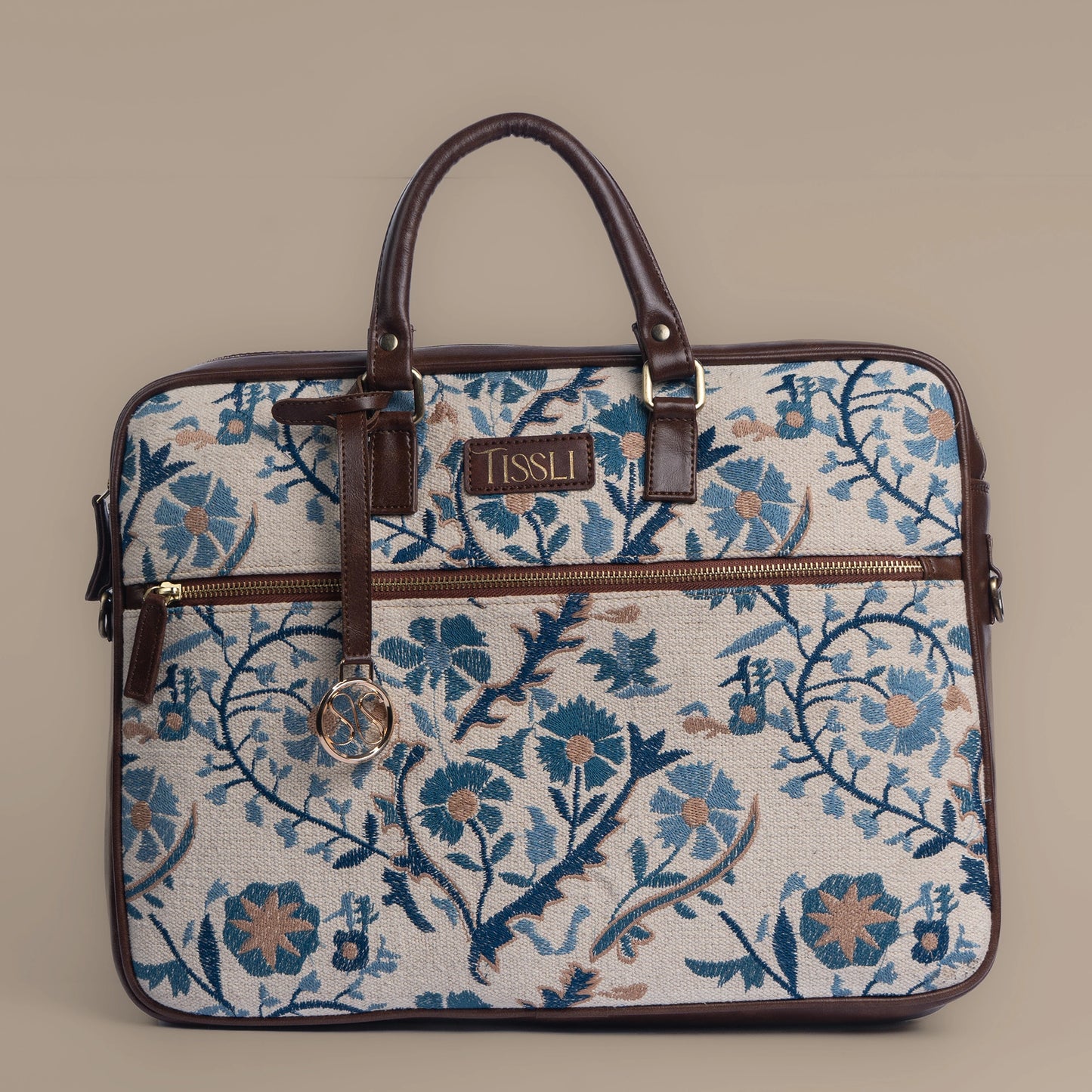 Handwoven Paisley Paradise Laptop Bag with Brown Leather Handles | Elegant Blue Floral Pattern for Everyday Work