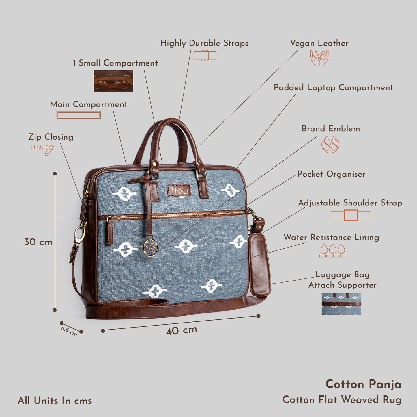 Stone Grey - Handcrafted Brief Case Laptop Bag