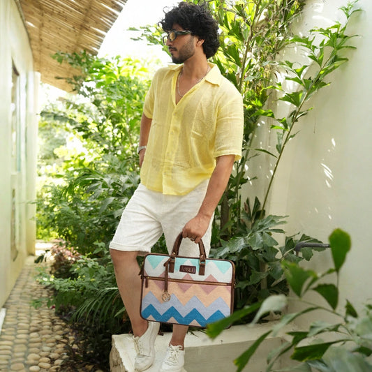 Sky Meets Sea - Handwoven Pastel Zigzag Pattern Brief Case Laptop Bag