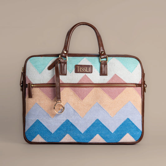 Sky Meets Sea - Handwoven Pastel Zigzag Pattern Brief Case Laptop Bag