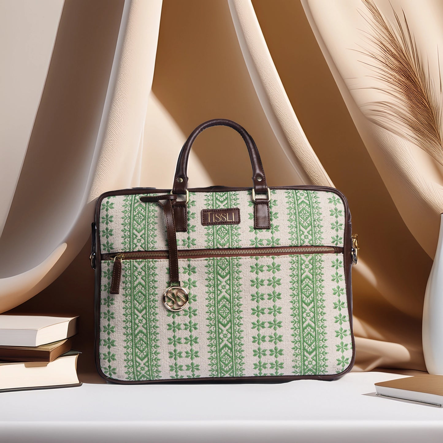 Paisley Motif Laptop Bag | Handcrafted Fabric Design with Leather Detailing for Everyday Use