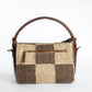 Handwoven Checkered Grid Handbag with Brown Leather Handle | Classic Dual-Tone Pattern for Everyday Style