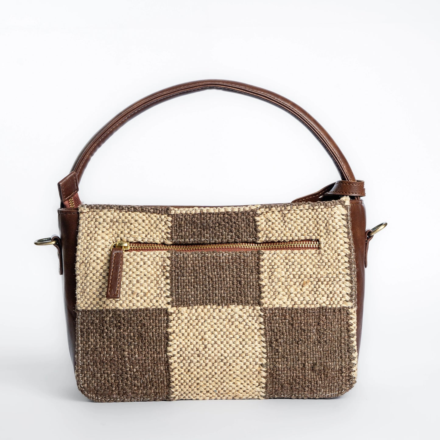 Handwoven Checkered Grid Handbag with Brown Leather Handle | Classic Dual-Tone Pattern for Everyday Style
