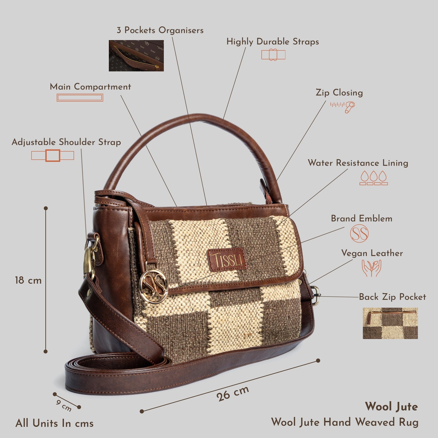 Handwoven Checkered Grid Handbag with Brown Leather Handle | Classic Dual-Tone Pattern for Everyday Style