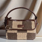 Handwoven Checkered Grid Handbag with Brown Leather Handle | Classic Dual-Tone Pattern for Everyday Style
