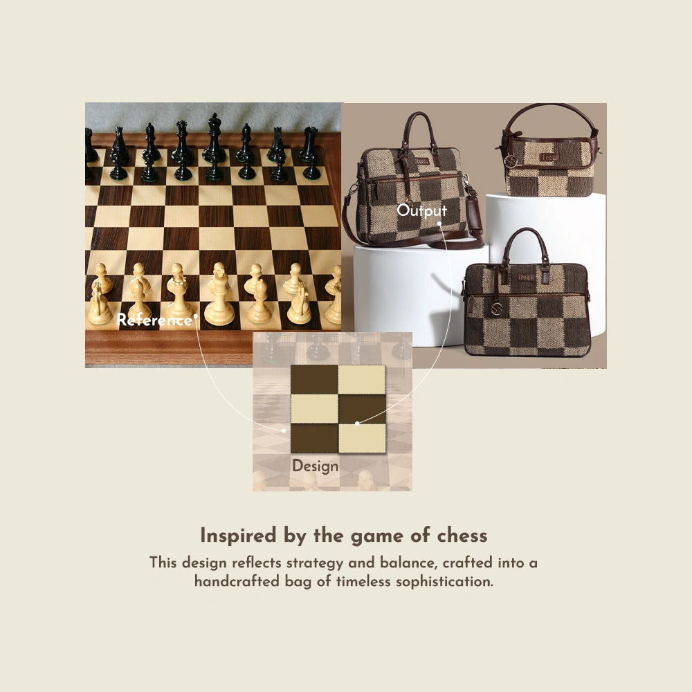 Handwoven Checkered Grid Handbag with Brown Leather Handle | Classic Dual-Tone Pattern for Everyday Style