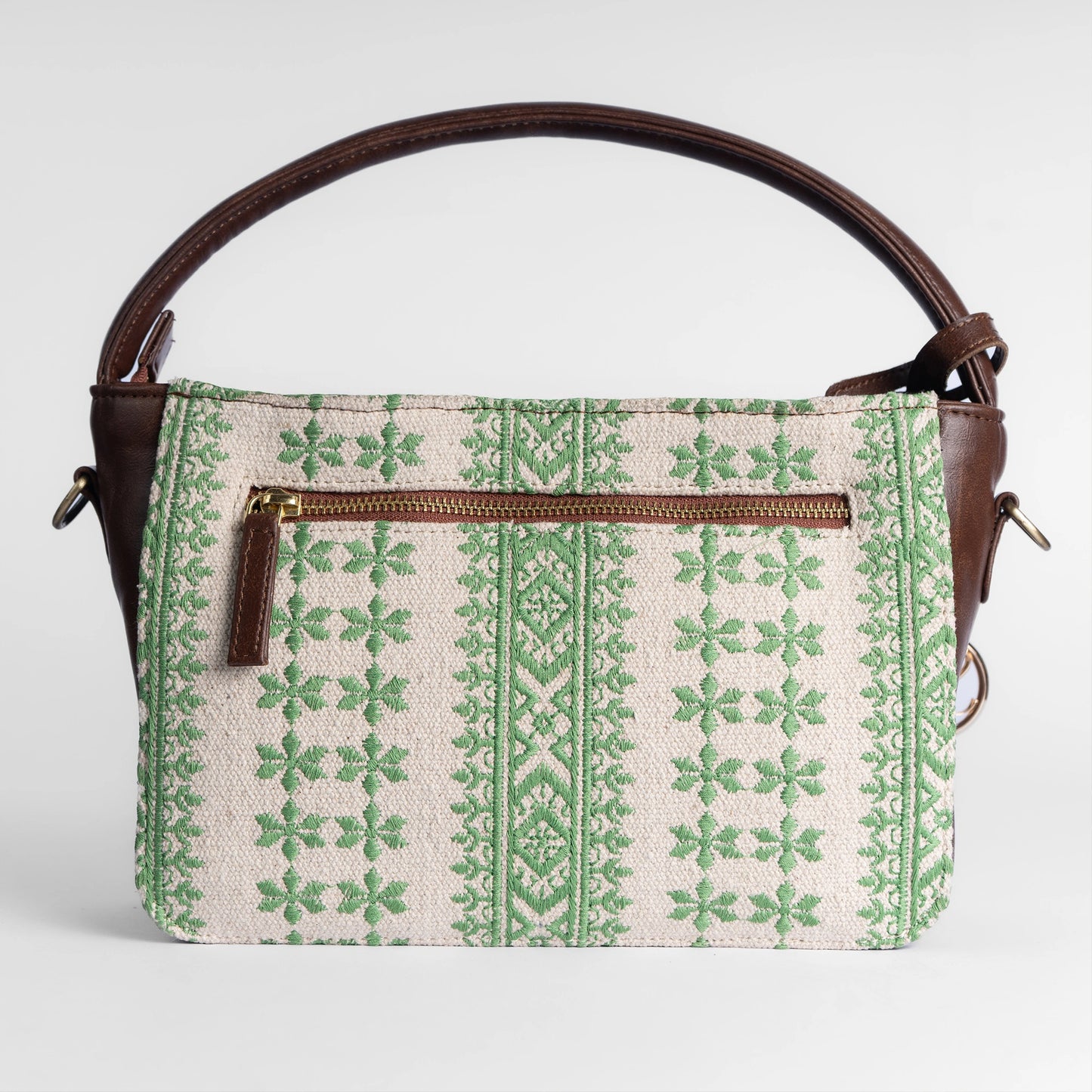 Paisley Motif Green Pattern Sling Bag with Dark Brown Leather Trim | Handwoven Compact Shoulder Bag